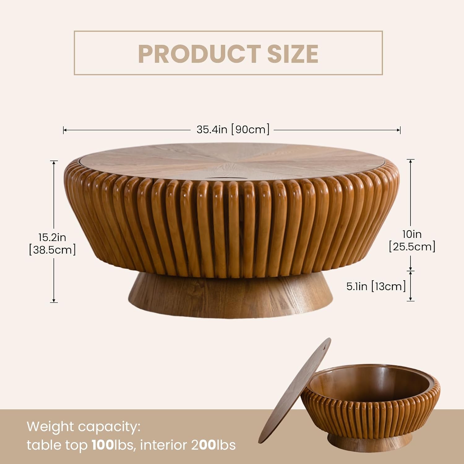 Round Coffee Table with Storage, 35.4' Modern Wooden Drum Coffee Table with Cover, Fluted Circle Center Table, Solid Wood Veneered, Accent Tea Table for Living Room Apartment Small Space (35.4 Brown)