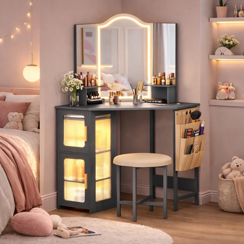 LVSOMT Corner Makeup Vanity Desk with Mirror and Lights, Dressing Table with Charging Station, Makeup Table with Stool, Storage Cabinet and Adjustable Shelf, Bedroom Vanity for Girls Women, Grey