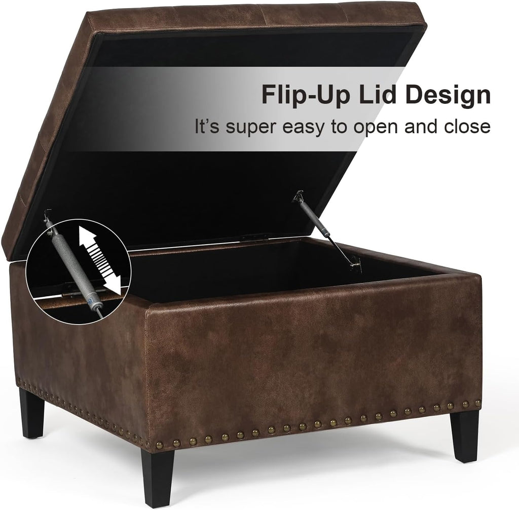 Joveco Storage Ottoman Square Upholstered Tufted Bench with Rivet, Footrest Coffee Table with Wood Legs for Living Room Bedroom Entryway (Coffee)