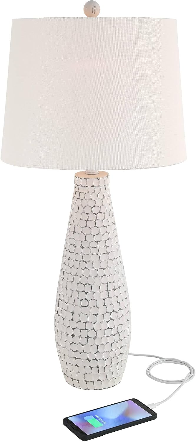 360 Lighting 29 1/2' Tall Modern Coastal End 3-Way Table Lamps Set of 2 USB Port Whitewash Ceramic Fabric White Shade Living Room Charging Bedroom Bedside Nightstand House Office Home Reading