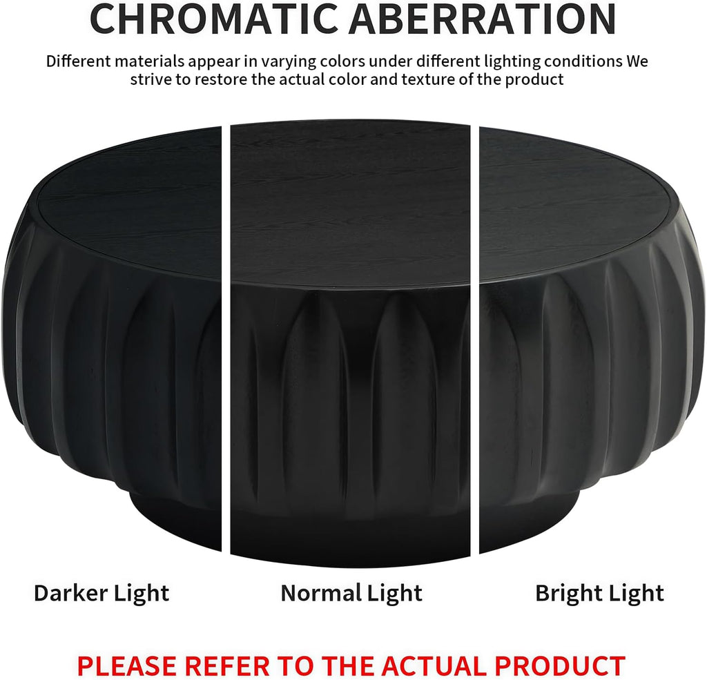 LKTART 31.5' Drum Coffee Table Modern Round Coffee Table Wood Fluted Centry Table with Solid Wood Veneer for Living Room, Easy Assemble, Black