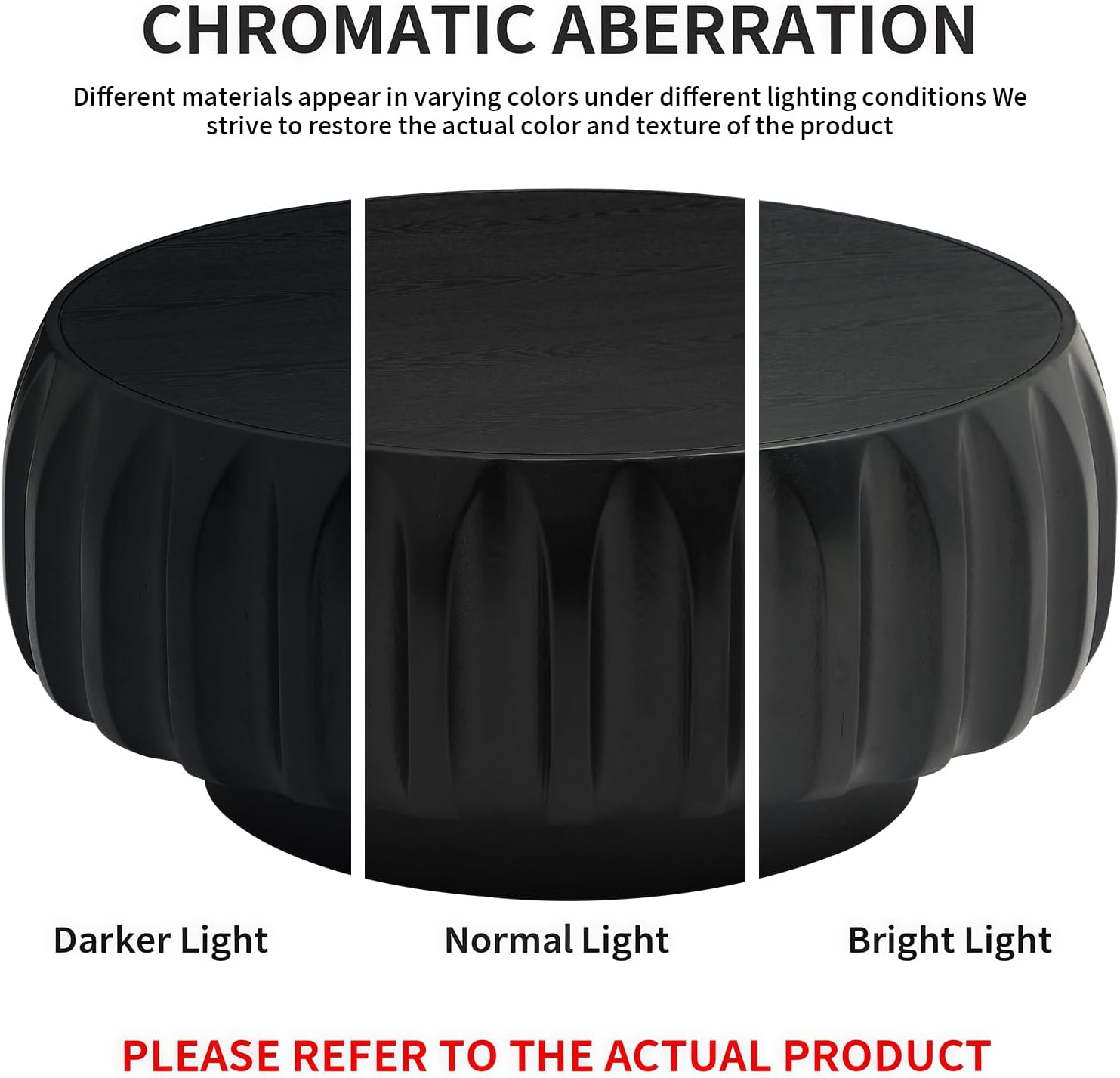 LKTART 31.5' Drum Coffee Table Modern Round Coffee Table Wood Fluted Centry Table with Solid Wood Veneer for Living Room, Easy Assemble, Black