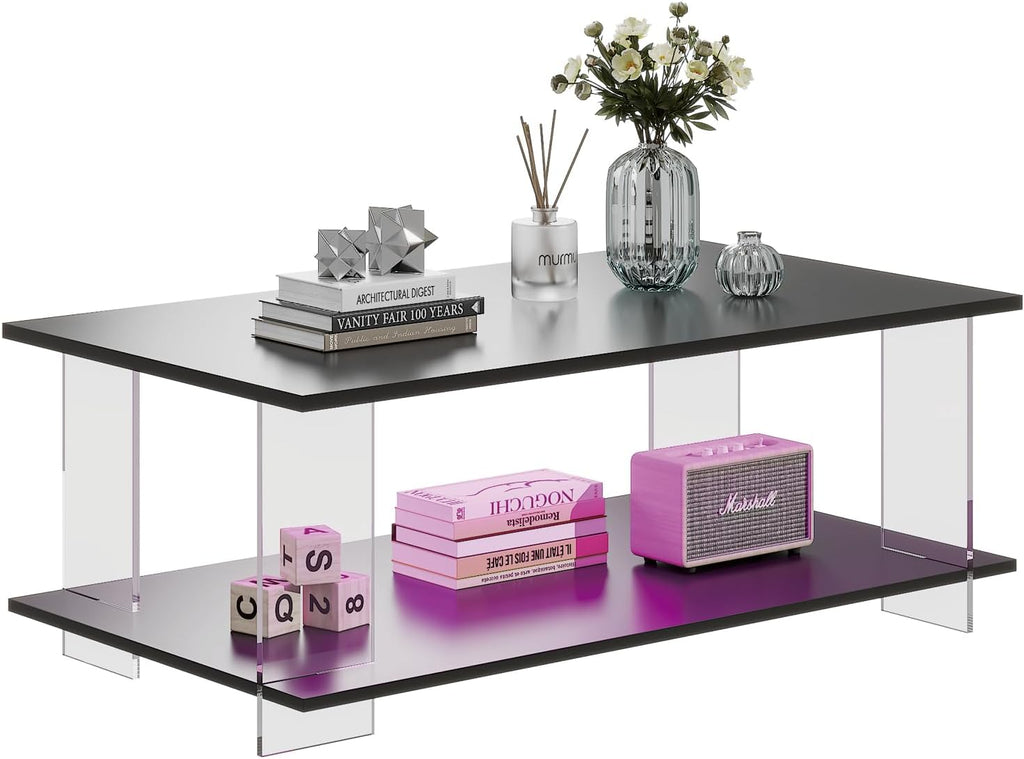 HedoAjim 43' Acrylic Coffee Table with Black Wood Top, Minimalist Stylish Modern Rectangular Center Tables for Living Room, Led Living Room Table with Storage Shelf & Acrylic Frame for Small Space