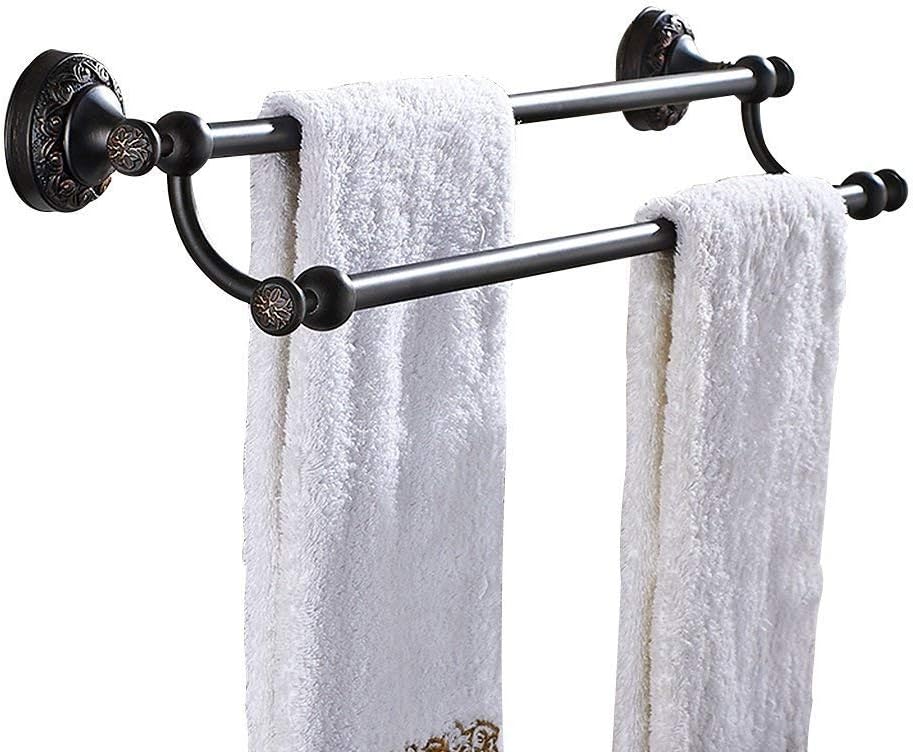 Double Brass Towel Bar Wall Mounted Oil Rubbed Bronze 24 inch Towel Rail W/Carved Base Brushed Finish for Bathroom Towel Rack