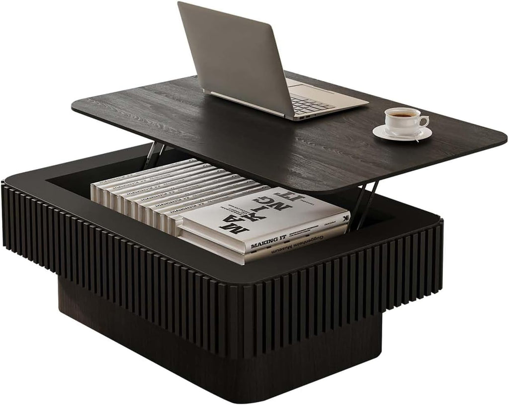 Lift Top Coffee Table with Storage, Solid Wood Coffee Table with Adjustable Height, Fluted Center Table Accent Tea Table for Living Room, Apartment, Office (38.6' Black)