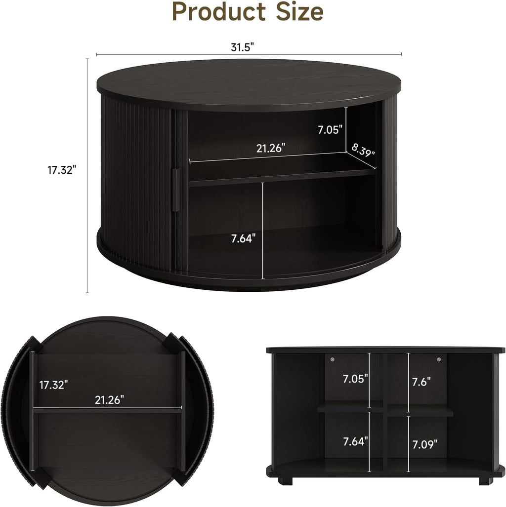 ONBRILL Round Coffee Table with Storage, 31.5' Mid Century Modern Center Table with Sliding Door & Dual Hidden Storage, Fluted Accent Coffee Table for Living Room, Small Space, Black