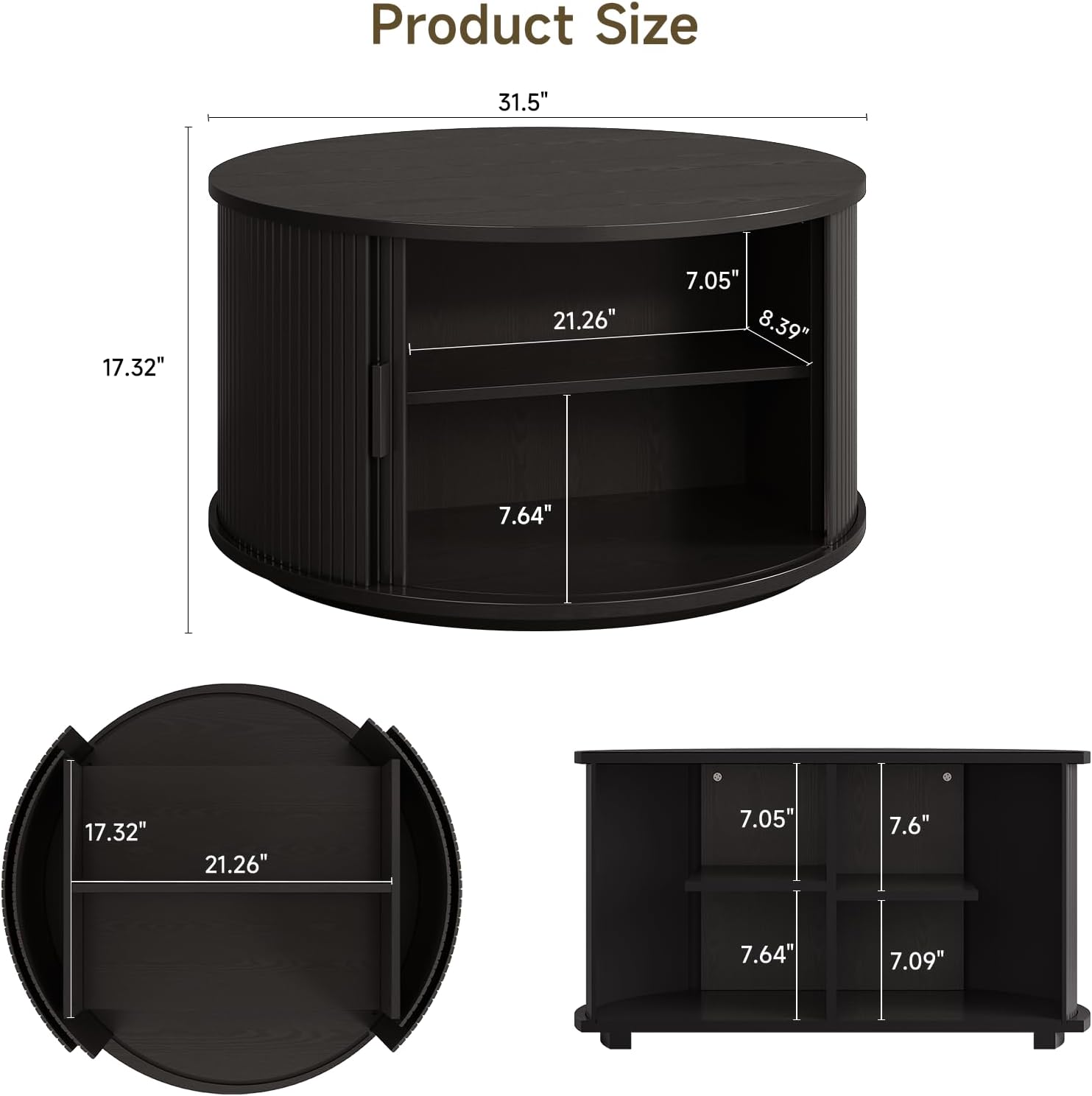 ONBRILL Round Coffee Table with Storage, 31.5' Mid Century Modern Center Table with Sliding Door & Dual Hidden Storage, Fluted Accent Coffee Table for Living Room, Small Space, Black