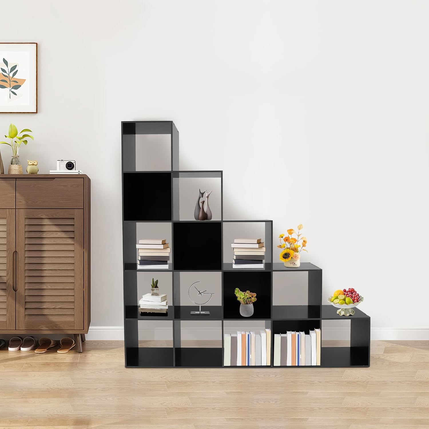 15 Cube L-Shaped Storage Bookcase, 5 Tier Stepped Ladder Cube Shelf for Corner, 57.48' Tall Open Bookshelf, Under Stairs Storage Organizer for Living Room, Home Office, Bedroom (Black, 15 cubes)