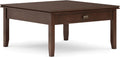 SIMPLIHOME Artisan Square Coffee Table - 36 inch Wide Solid Wood Transitional Cocktail Table in Russet Brown, Classic Living Room Table with Slatted Open Shelf and Contemporary Framed Top Design