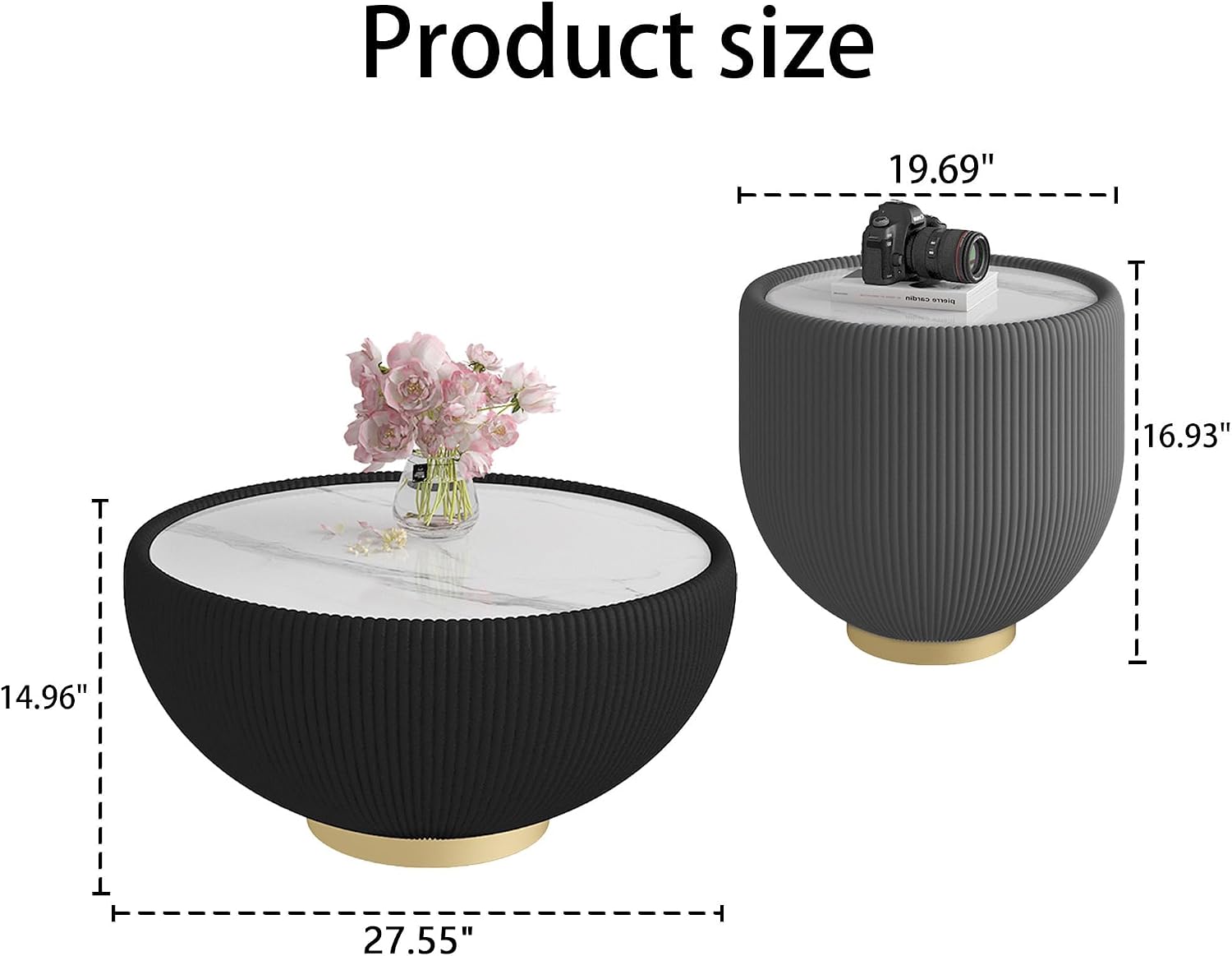Round Coffee Table Set with Sintered Stone Tabletop, 27.56' Black Drum Center Table and 19.69' Grey Coffee Table Set, 2 Pieces Living Room Table Set with Fluted PU Leather Cover& Metal Base