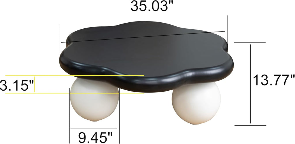 35.03' Cloud Coffee Table for Living Room Unique Coffee Table Modern Low Coffee Tables Cute Center Table with 3 Ball Legs for Small Space Apartment Cream Flower- Black & White