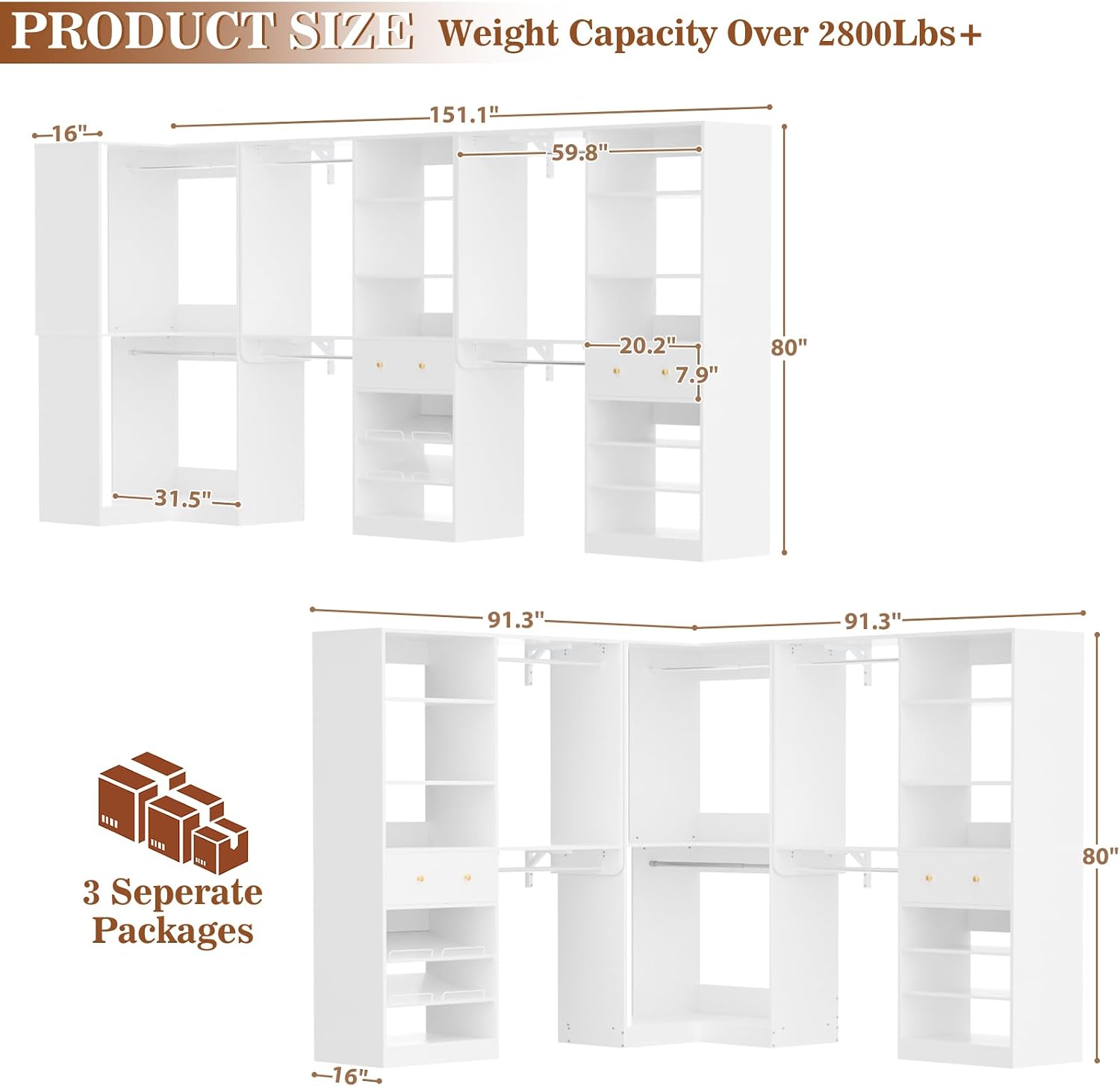 Armocity Closet System Set of 3 - Corner Closet Organizer System with 2 Drawers/16 Shelves/6 Hanging Rods, 151.1' L-Shaped Walk-In Wardrobe Organizer, 2800+ lbs Capacity, White