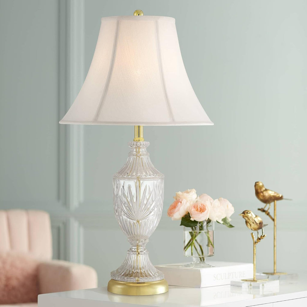 Regency Hill Traditional Glam Luxury Table Lamps 26.5' High Set of 2 Clear Glass Urn Brass Gold Metal White Cream Bell Shade Decor for Living Room Bedroom House Bedside Nightstand Home