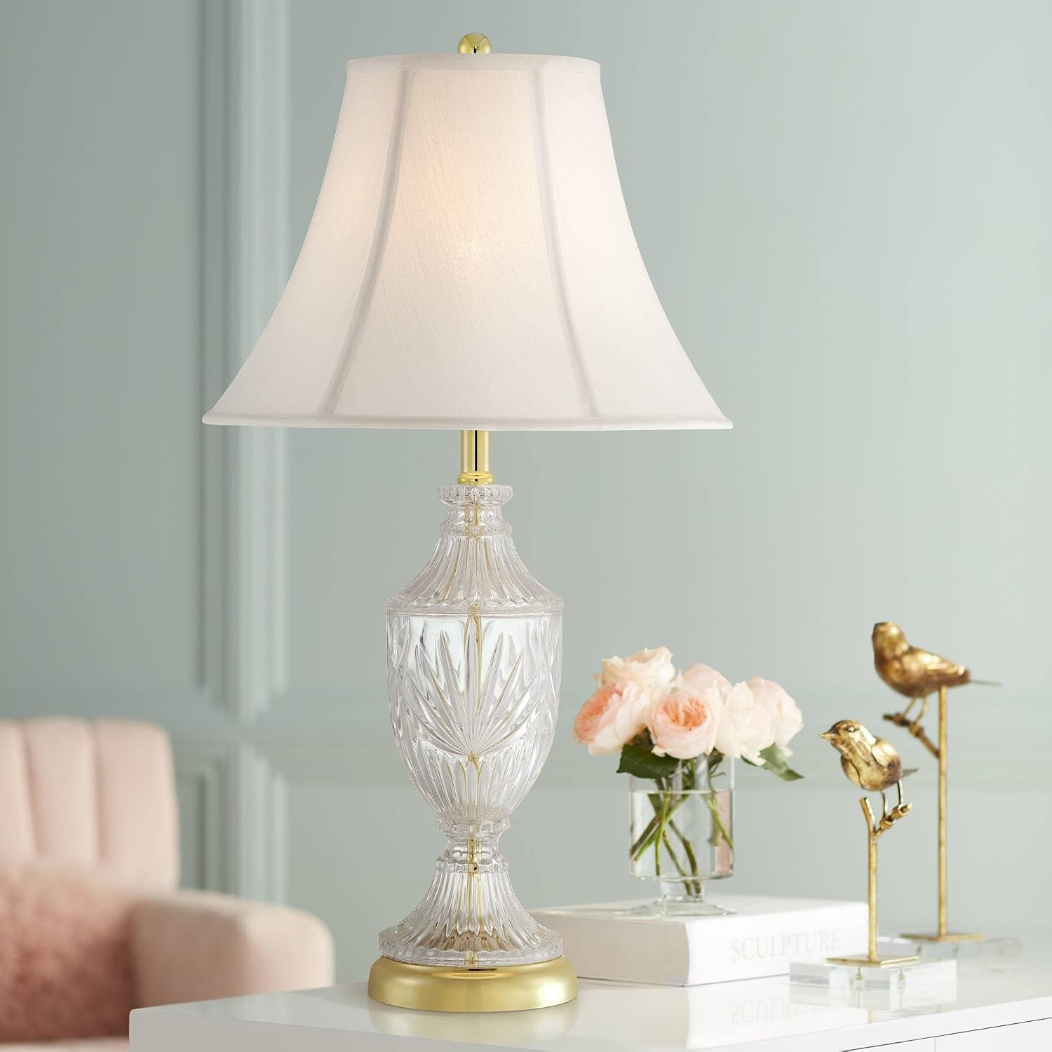Regency Hill Traditional Glam Luxury Table Lamps 26.5' High Set of 2 Clear Glass Urn Brass Gold Metal White Cream Bell Shade Decor for Living Room Bedroom House Bedside Nightstand Home
