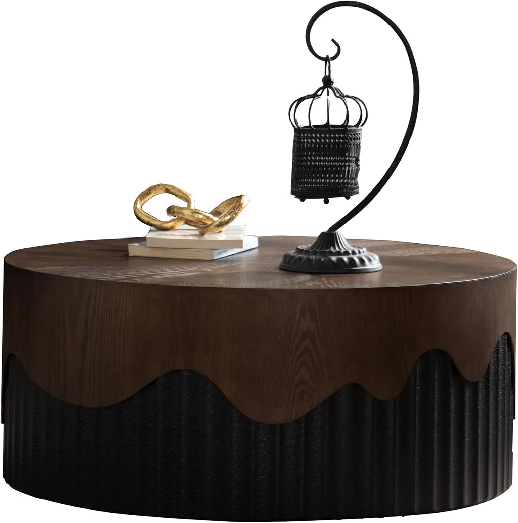GDFStudio 30.3' Round Coffee Table with Walnut Table Tops, Bark Texture Veneer Circle Coffee Tables with Handcrafted Relief Base, Modern Living Room Side Tea Tables, No Assembly, Black+Walnut