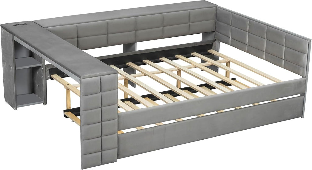 Virubi Full Size Daybed with Trundle，Corner Bed Frame with Storage Shelves, Back Cushion，Upholstered Wood Bed Frame with Charging Station for Small Space,Teen Room,Dorm and Home Office,Gray