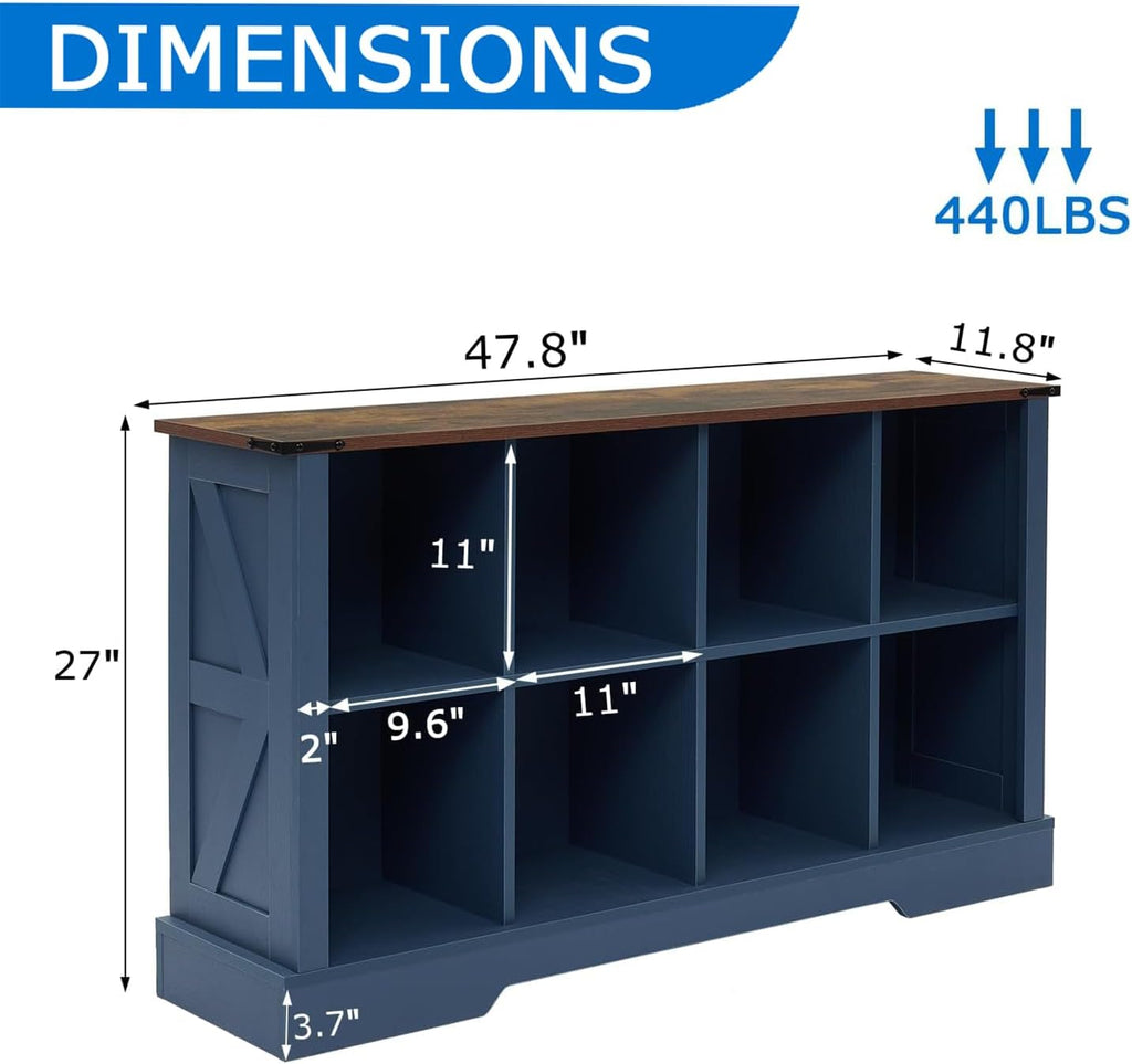 8 Cube Bookcase, Wooden Cube Storage Organizer Shelf, Blue Horizontal Book Shelf with LED Lights, Freestanding Display Cabinet for Living Room, Bedroom, Home Office