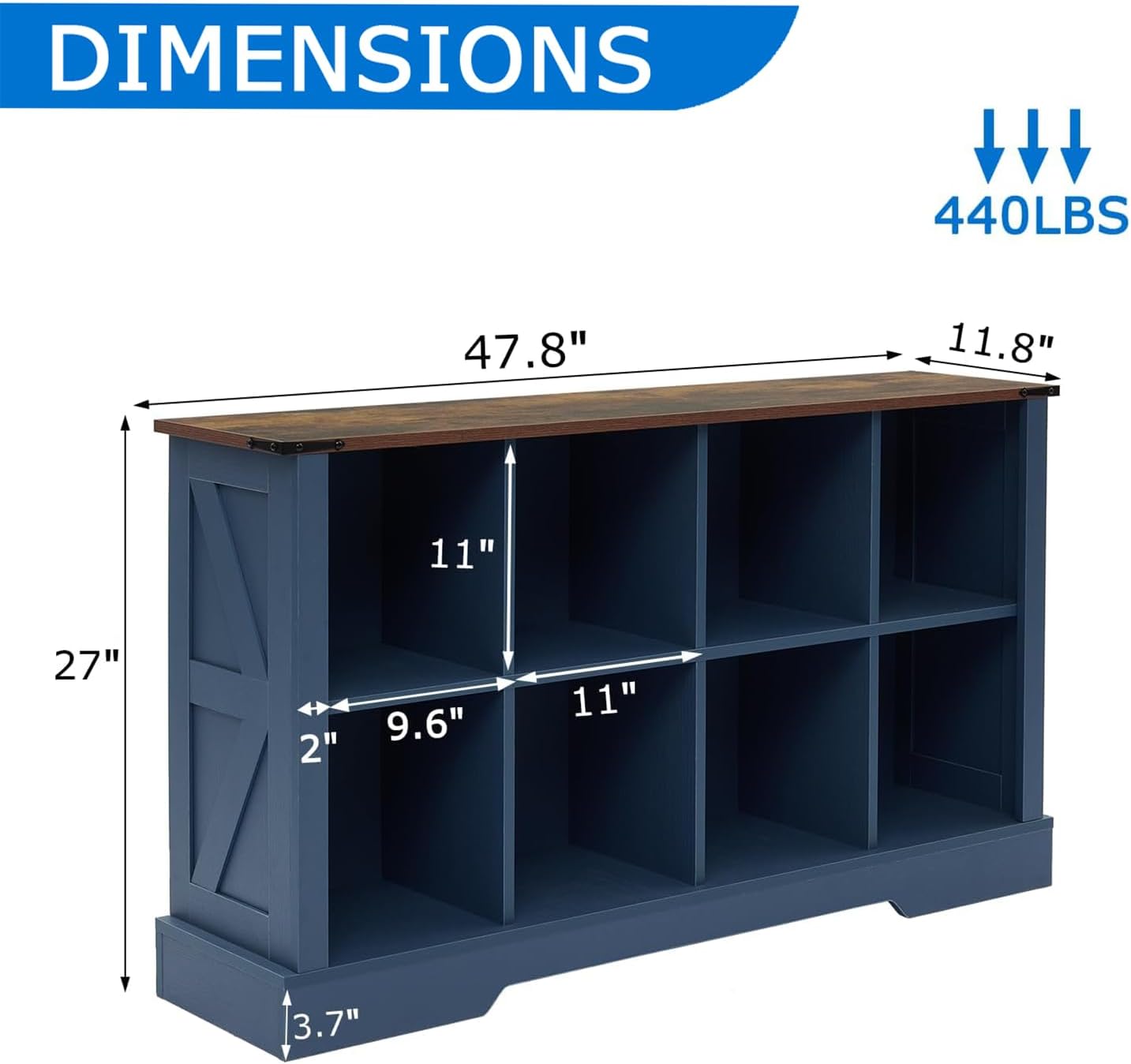 8 Cube Bookcase, Wooden Cube Storage Organizer Shelf, Blue Horizontal Book Shelf with LED Lights, Freestanding Display Cabinet for Living Room, Bedroom, Home Office