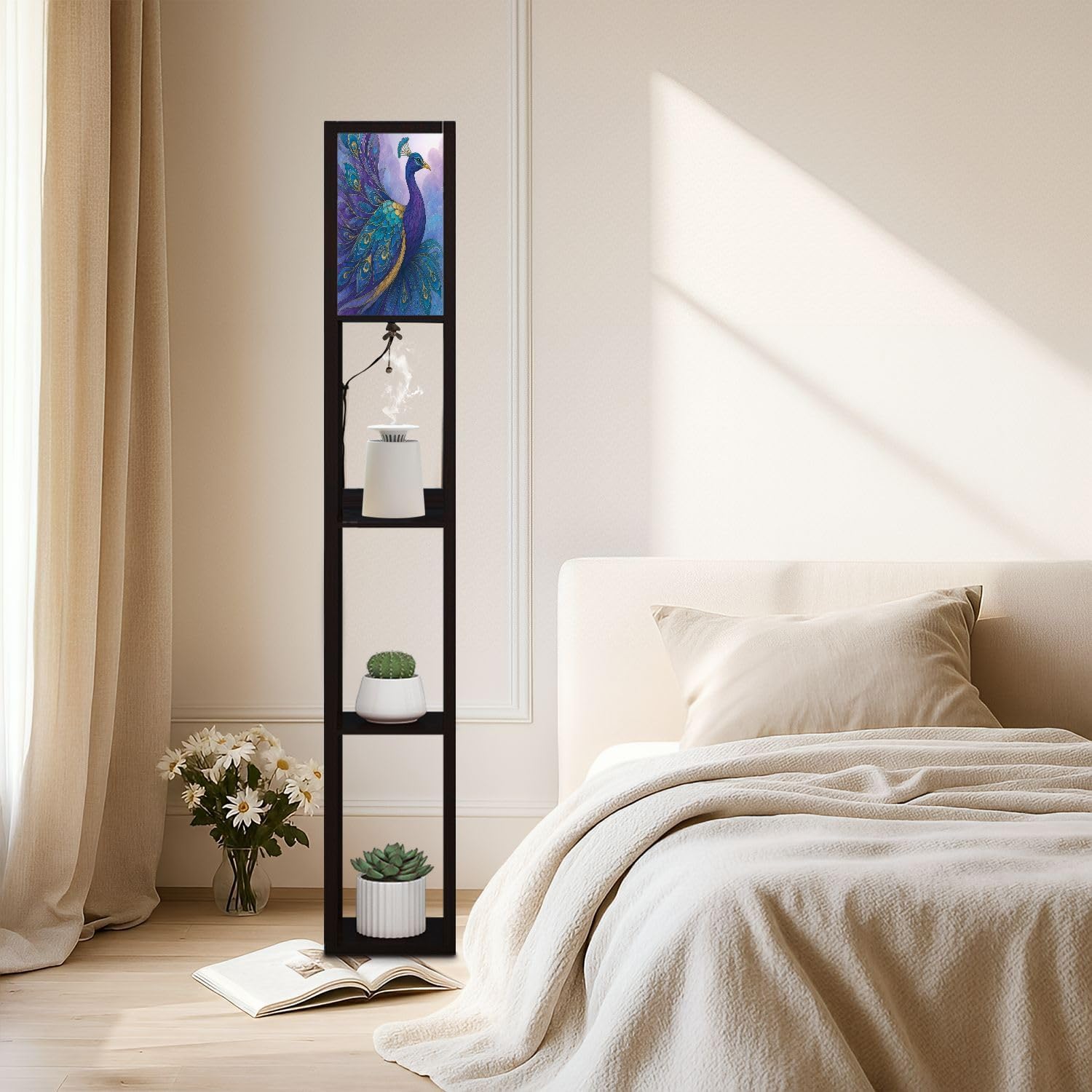 Floor Lamp with Shelves Modern Stained Glass Peacock Art Teal Gold Feathers Standing Tall Lamp USB Ports & Power Outlet Modern Corner Lamp Nightstand Light for Living Room Bedroom