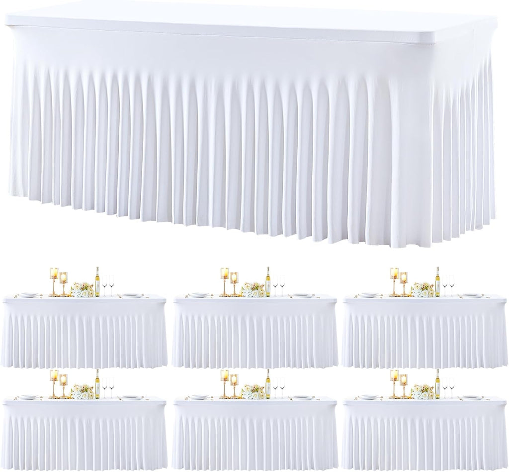Besutolife 6 Pack White Spandex Tablecloth for 8ft Rectangle Tables Fitted Table Cloth Stretch Table Covers Skirt 8ft Rectangular Tablecloths for Banquet Parties Wedding Decorations
