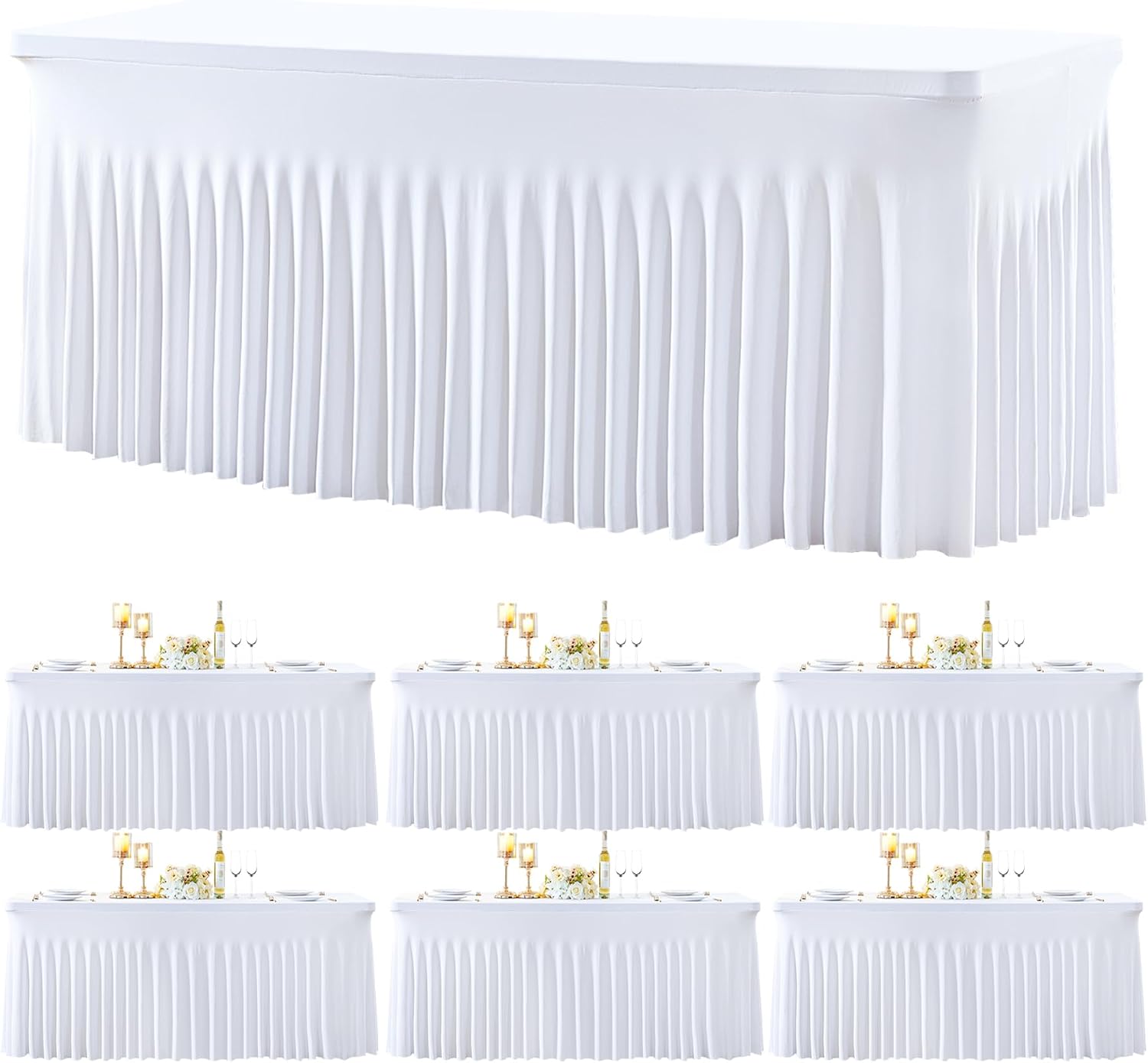 Besutolife 6 Pack White Spandex Tablecloth for 8ft Rectangle Tables Fitted Table Cloth Stretch Table Covers Skirt 8ft Rectangular Tablecloths for Banquet Parties Wedding Decorations