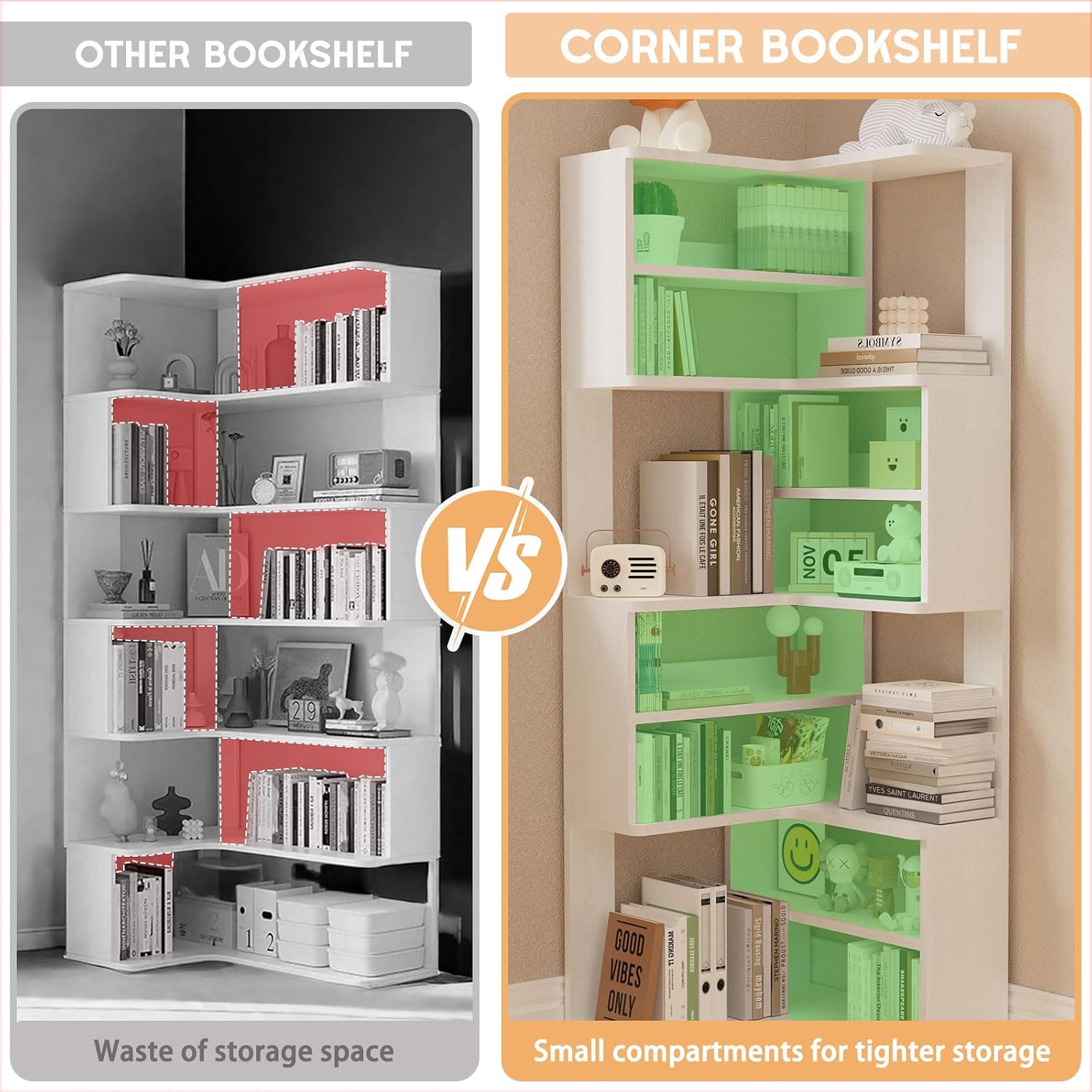 Lkeiyay 9-Tier White Corner Bookcase, 65' Tall Space-Saving Modern Corner Bookshelf for Living Room/Bedroom, Sturdy Open Storage Unit with Multiple Shelves, Perfect for Home Office & Small Spaces