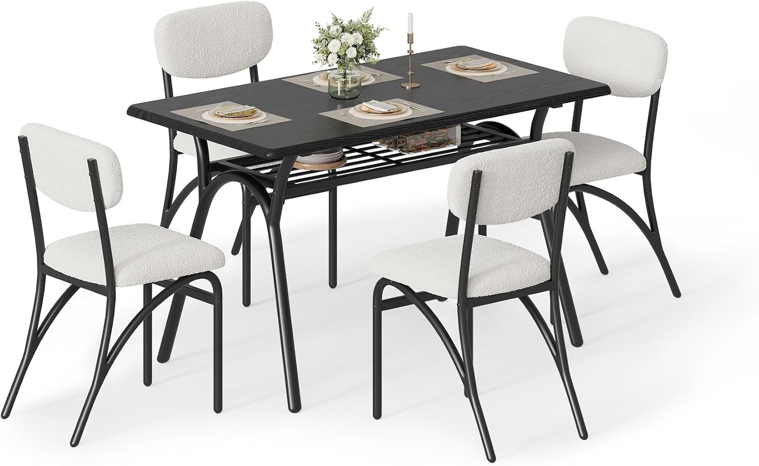 GarveeHome 5-Piece Dining Table Set for 4, Modern Kitchen Table with 4 Boucle Chairs, Rectangular Dining Table with Storage Shelf & Marble Tabletop, Home Dining Furniture for Small Space, Beige+Black