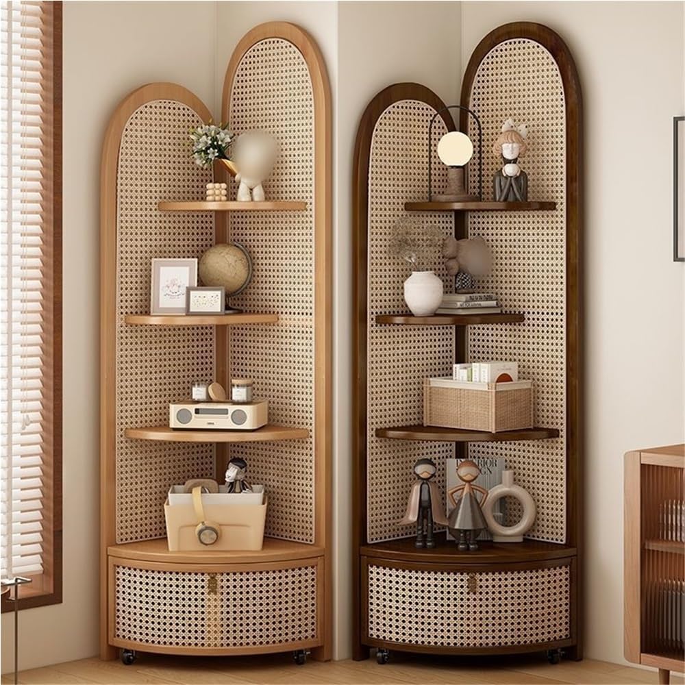 5 Tier Corner Shelf with Pulley, Rattan Bookshelf, Standing Shelf Organizer with Storage Basket, Minimalist Corner Display for Living Room, Bedroom, Office(Khaki)