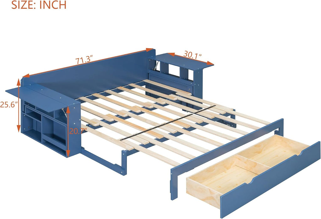 Wood Daybed Queen Size with Removable Desk and Extendable Armrests, 4-in-1 Multifunctional Design Daybed Sofa Bed with Storage Drawers & Hydraulic Side Table (Blue-11.27, Queen)