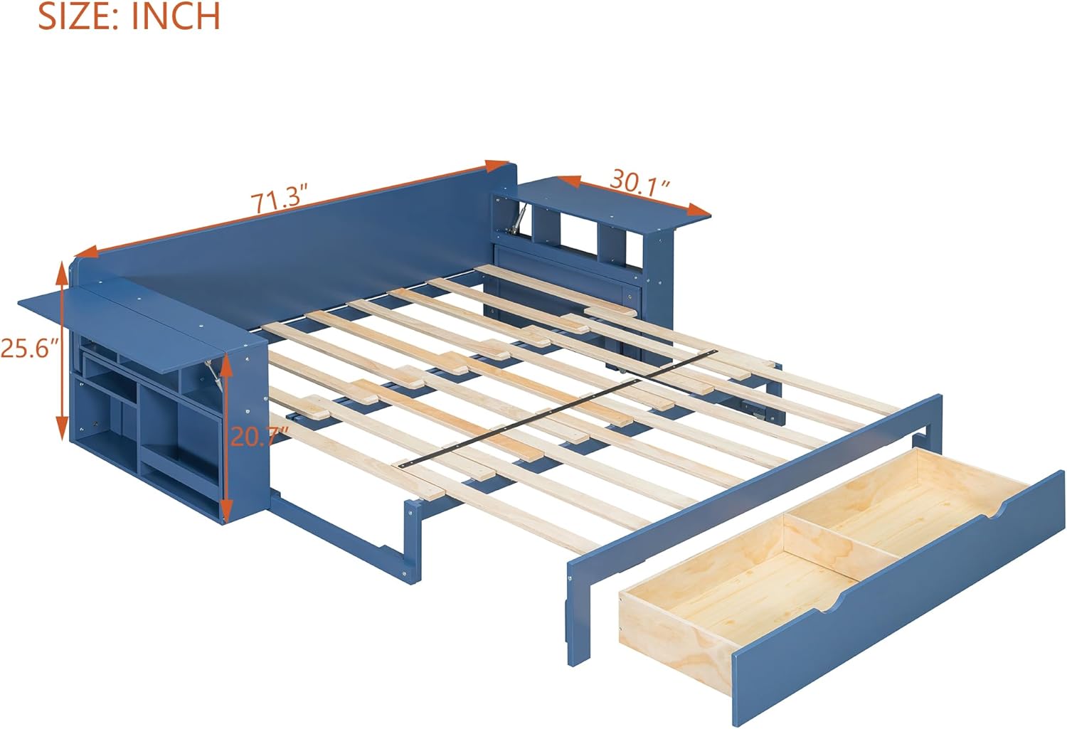 Wood Daybed Queen Size with Removable Desk and Extendable Armrests, 4-in-1 Multifunctional Design Daybed Sofa Bed with Storage Drawers & Hydraulic Side Table (Blue-11.27, Queen)