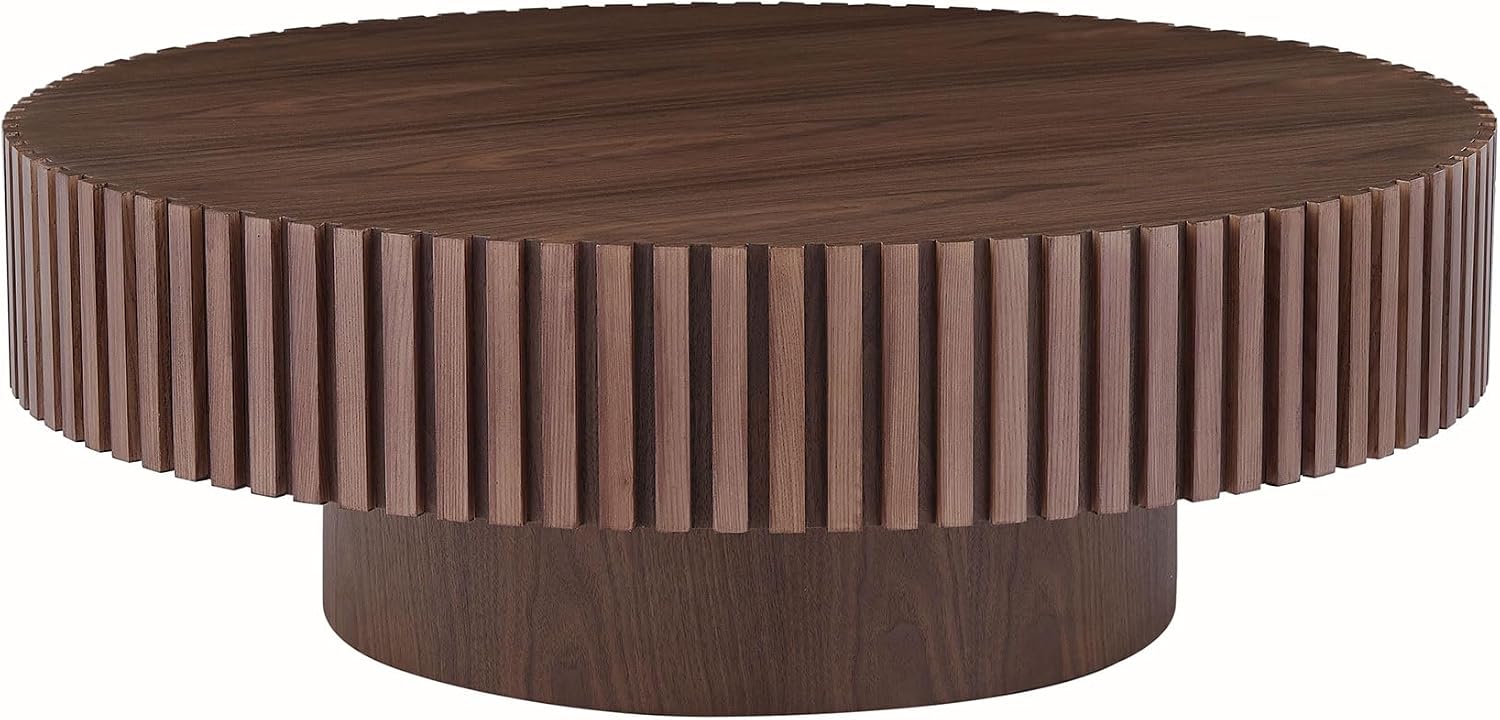 31.49'' Round Coffee Table Modern Wood Coffee Table for Living Room, Contemporary Circle Fluted Drum Style, Easy Assembly, Walnut (ø31.49'' x 13.77'')