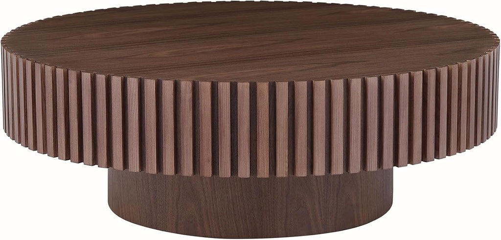 JUSTONE 39.4' Round Wood Coffee Table for Living Room - Modern Farmhouse Walnut Drum Center Table with Artisanal Carved Detailing, No Assembly Required (39.4' Diameter x 13.4' Height)