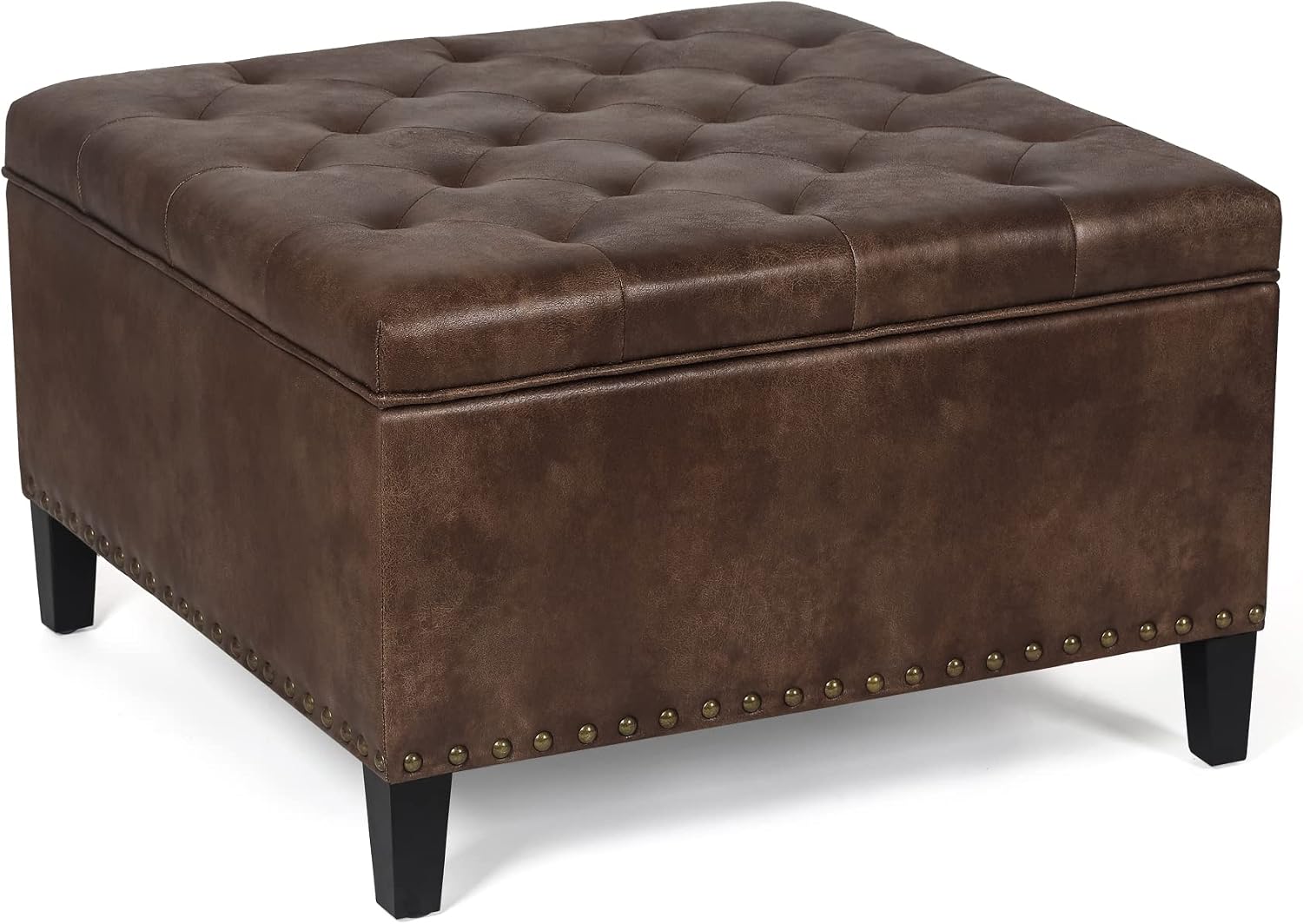 Joveco Storage Ottoman Square Upholstered Tufted Bench with Rivet, Footrest Coffee Table with Wood Legs for Living Room Bedroom Entryway (Coffee)