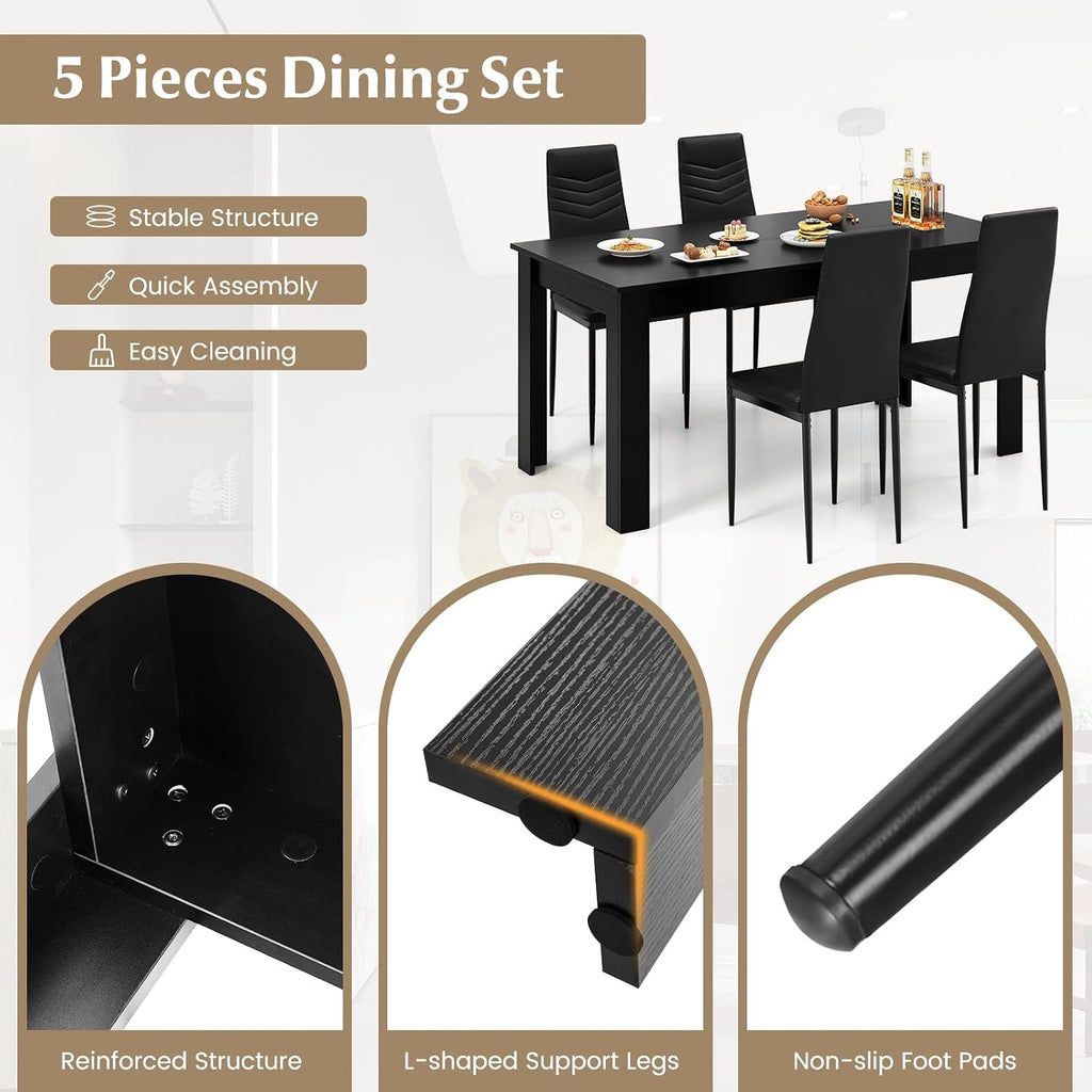 Giantex Dining Table Set for 4-6, Modern Rectangular Kitchen Table with 4 PVC Leather Dining Chairs, 330Lbs Space-Saving Dinette Set for Breakfast Nook, Kitchen, Restaurant, Cafe, Black (5-Pieces)
