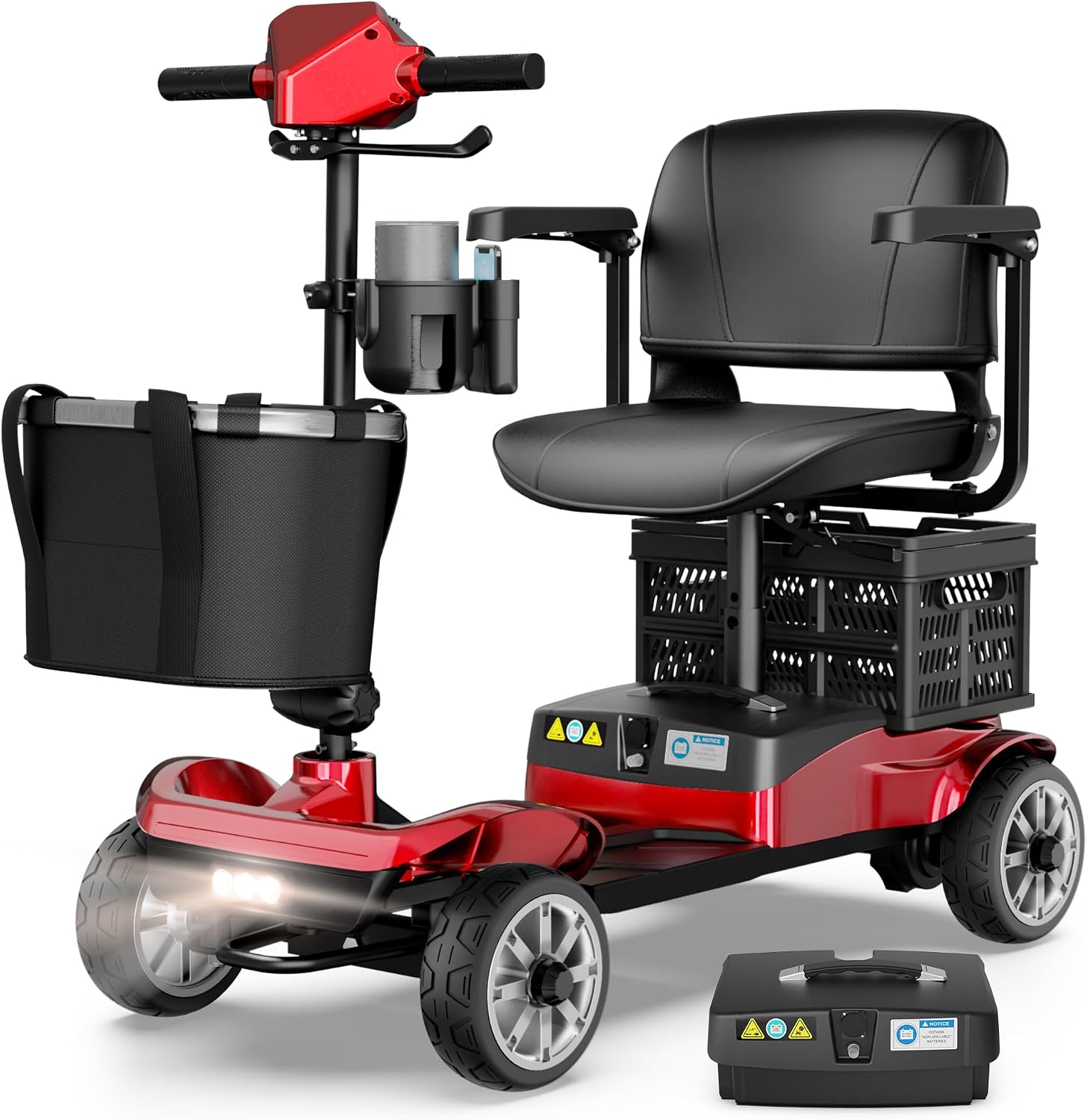 Mobility Scooter for Adults & Seniors with Removable Spare Battery - 24.8 Miles Total Range, Cruise & Airport Approved, Foldable Motorized Scooters with Dual Basket, Phone & Cup Holder, Red