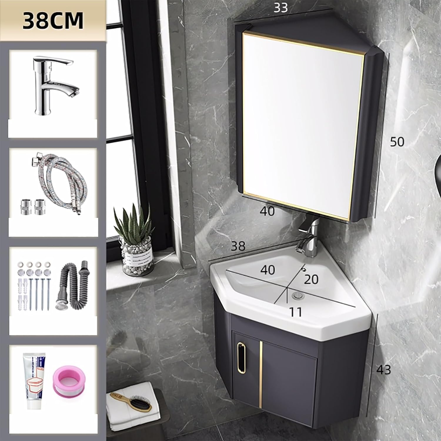 Corner Ceramic Sink Bathroom Vanity Cabinet Corner Wall Mount Bathroom Sink Wall Mounted Bathroom Sink Bathroom Sink with Storage Container Cabinet with Mirror(Gray,15in/38cm)