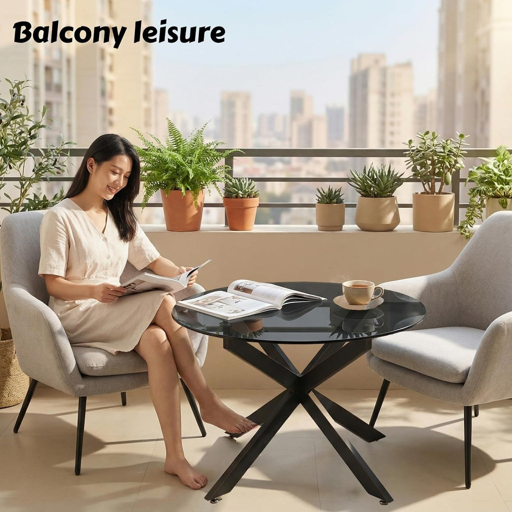 Black Round Glass Coffee Table for Living Room, Home Office, Modern & Simple Center Table with Gray Tempered Glass Top, 35.5' Wx19.7 H