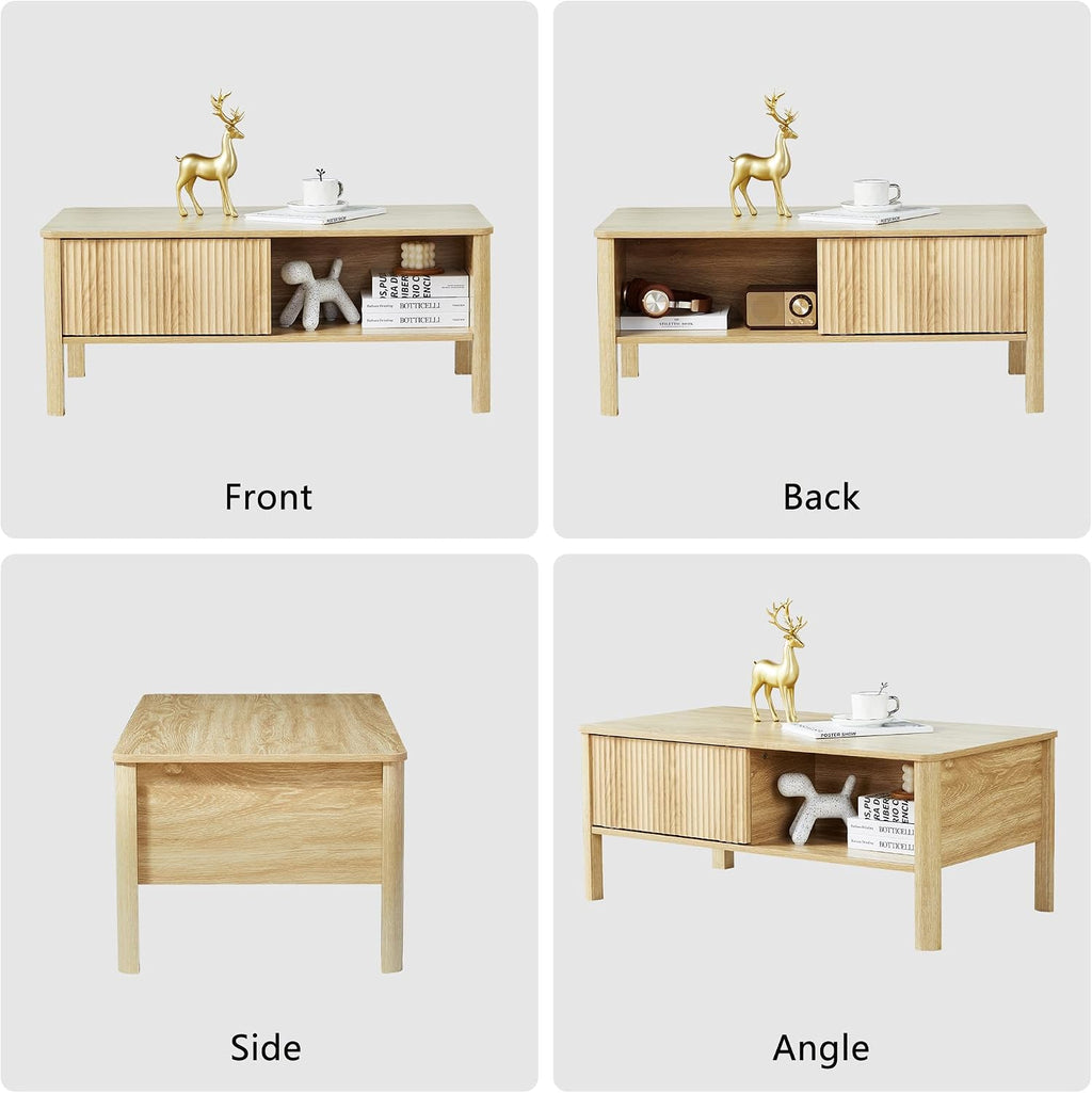 TV Stand and Coffee Table Set, Rectangle Fluted Coffee Table and TV Stand with Storage and Sliding Doors, Light Wood Coffee Table and TV Stand Set, Mid Century Modern Boho Style (Natural)