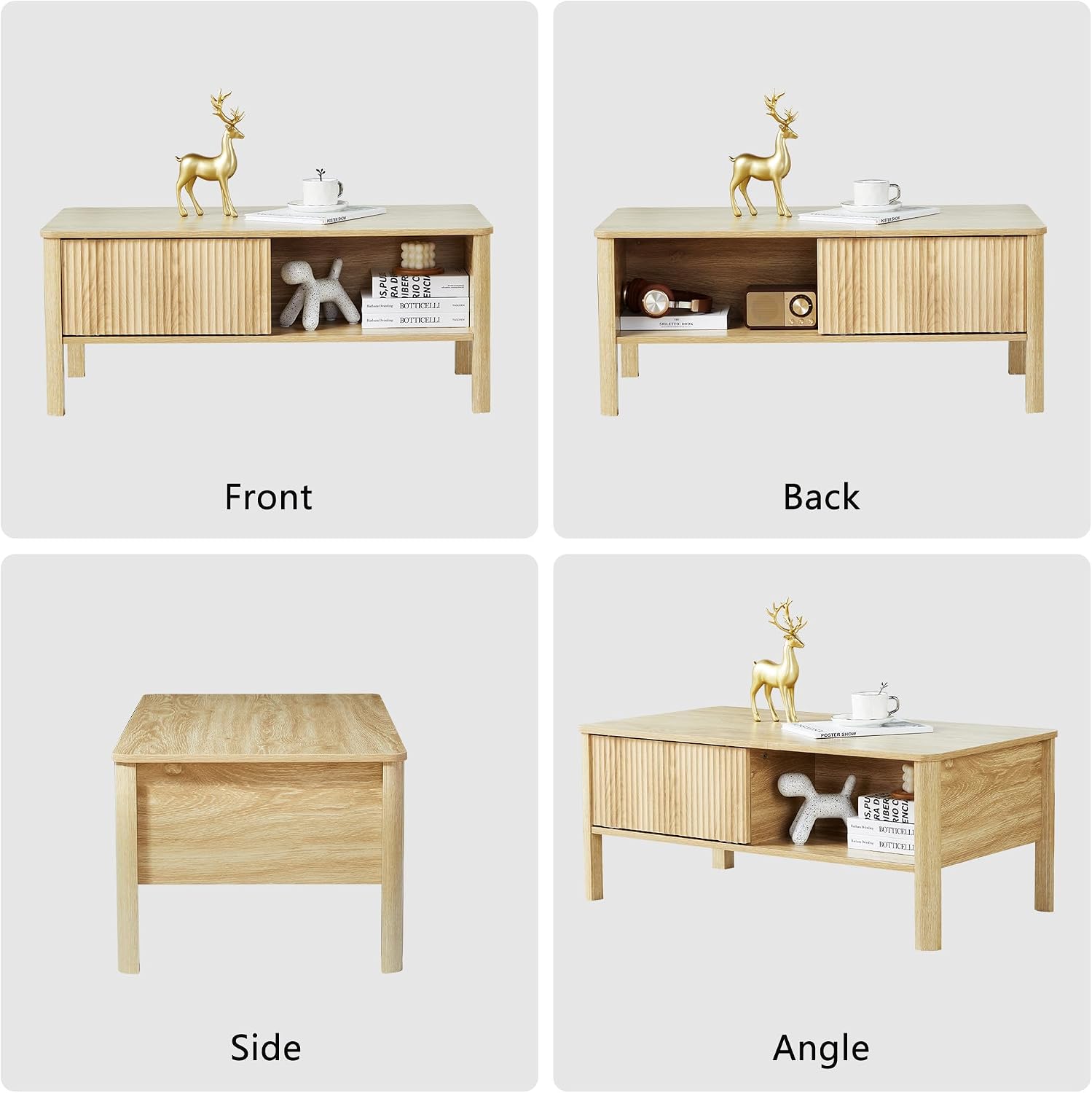 TV Stand and Coffee Table Set, Rectangle Fluted Coffee Table and TV Stand with Storage and Sliding Doors, Light Wood Coffee Table and TV Stand Set, Mid Century Modern Boho Style (Natural)