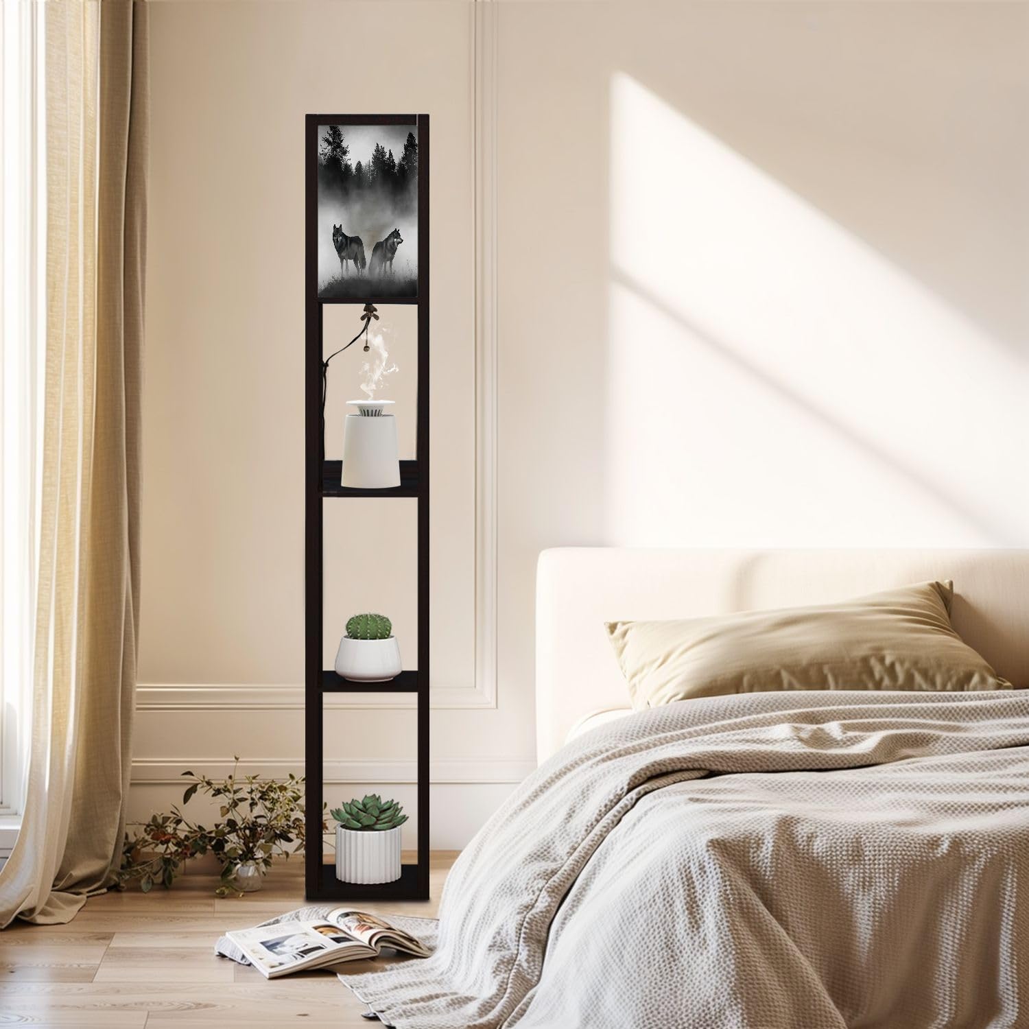 Floor Lamp with Shelves 3D Render Timber Wolfs Standing Tall Lamp USB Ports & Power Outlet Modern Corner Lamp Nightstand Light for Living Room Bedroom