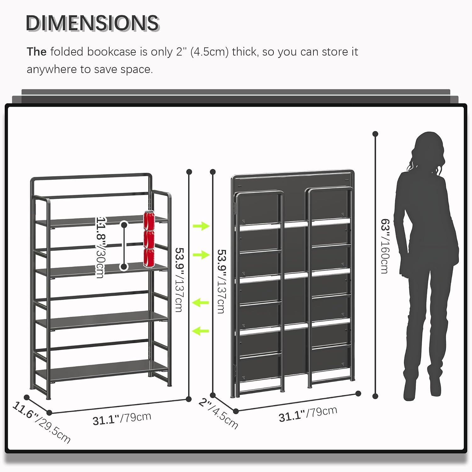4NM No Assembly Extra Wide 4 Tiers Folding Bookshelf Storage Shelves Vintage Bookcase Standing Racks Study Organizer Home Office (All Black)