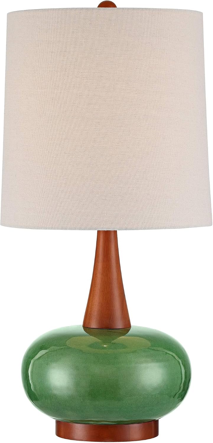 360 Lighting Andi 25' High Mid Century Modern 3-Way Table Lamp Green Ceramic Wood Finish Single Fabric White Shade Cottage Core Living Room Bedroom Bedside Nightstand House Office Colors May Vary