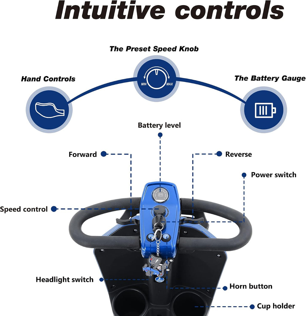 Mobility Scooter, 4 Wheels Outdoor Compact Mobility Scooters for Adults Seniors, Folding Mobility Scooter with USB Charger Port, Basket and Cup Holder, Sliding Swivel Seat, Blue