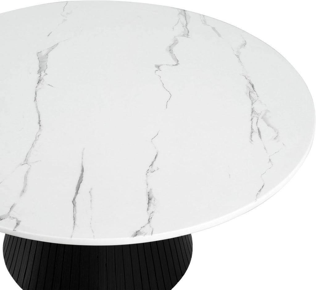 Furniture of America Coraly Modern 36-inch Round Coffee Table with High Gloss Faux Marble Top and Fluted Pedestal Base for Small Space, Living Room, Home Office, Black and White
