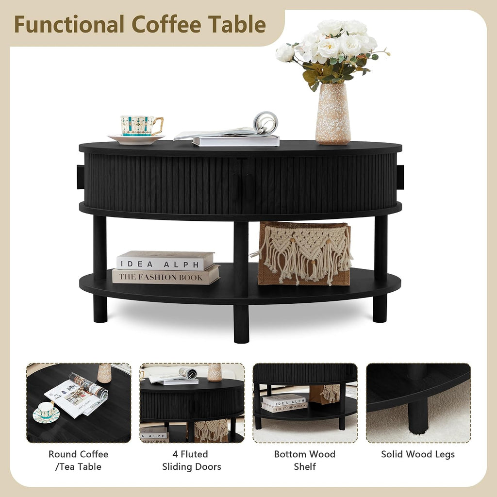RARZOE 31.5' Round Coffee Table with Storage, Wood Circle Coffee Table with Sliding Cabinet Doors, Fluted Dining Table Accent Center Table for Living Room Home Office Apartment, Black