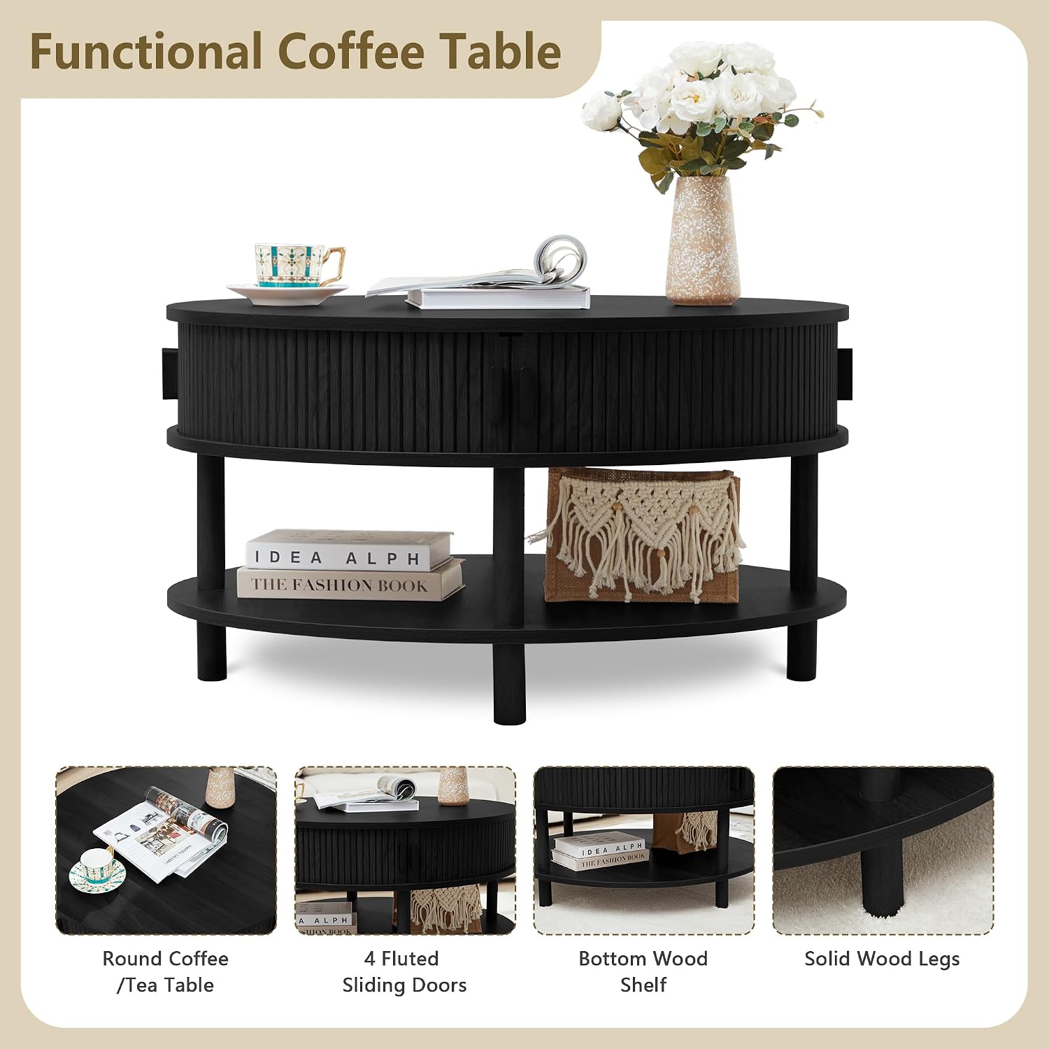 RARZOE 31.5' Round Coffee Table with Storage, Wood Circle Coffee Table with Sliding Cabinet Doors, Fluted Dining Table Accent Center Table for Living Room Home Office Apartment, Black