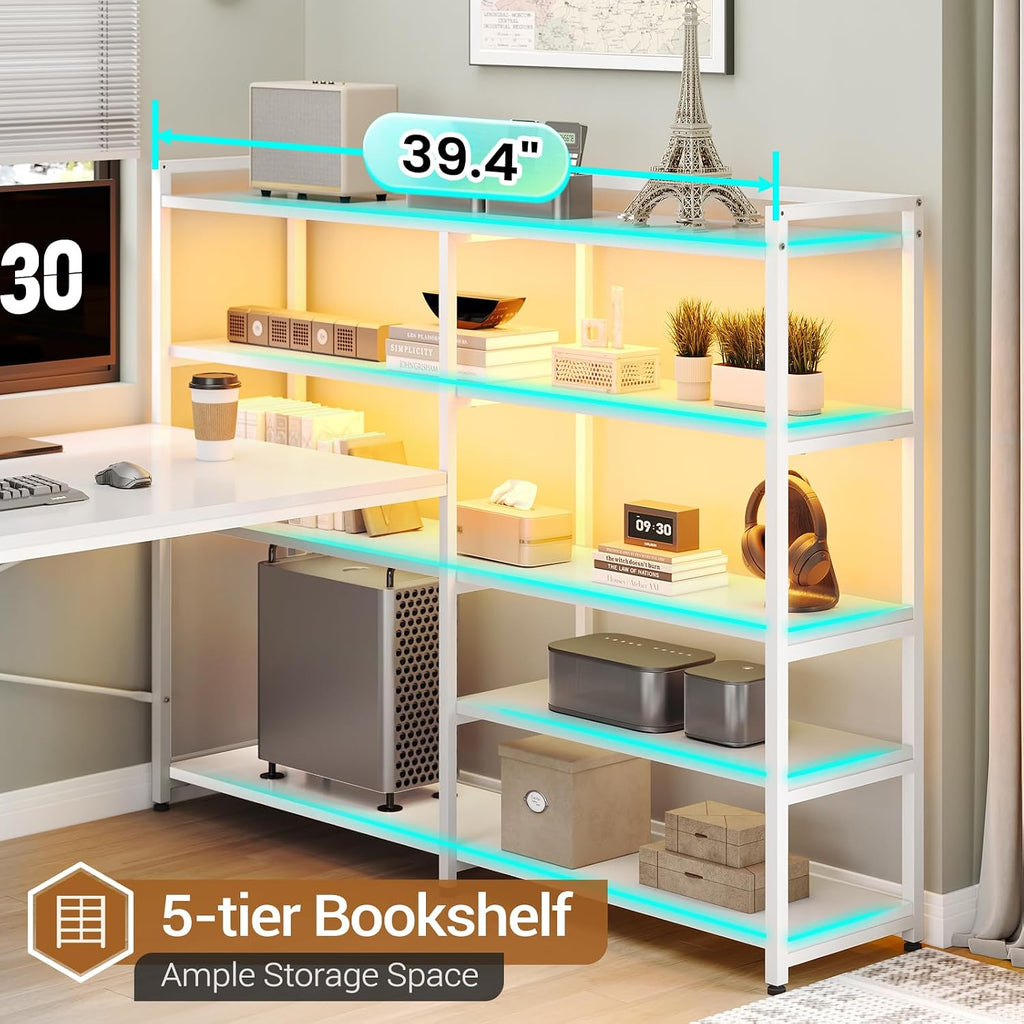 SEDETA L Shaped Office Desk with Drawers, 64.5' Reversible Computer Desk with Storage Shelves and Power Outlet, Corner Gaming Desk with LED Strip for Home Office, White
