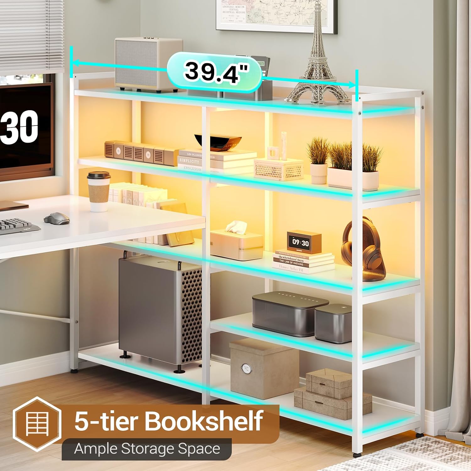 SEDETA L Shaped Office Desk with Drawers, 64.5' Reversible Computer Desk with Storage Shelves and Power Outlet, Corner Gaming Desk with LED Strip for Home Office, White