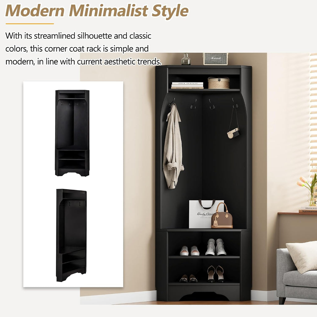 Corner Hall Tree, Versatile Wood Hall Tree with Shoe Bench & 4 Hooks, Modern Coat Rack Corner Cabinet with Adjustable Shelf for Hallway, Entryway, Bedroom,Living Room, Black