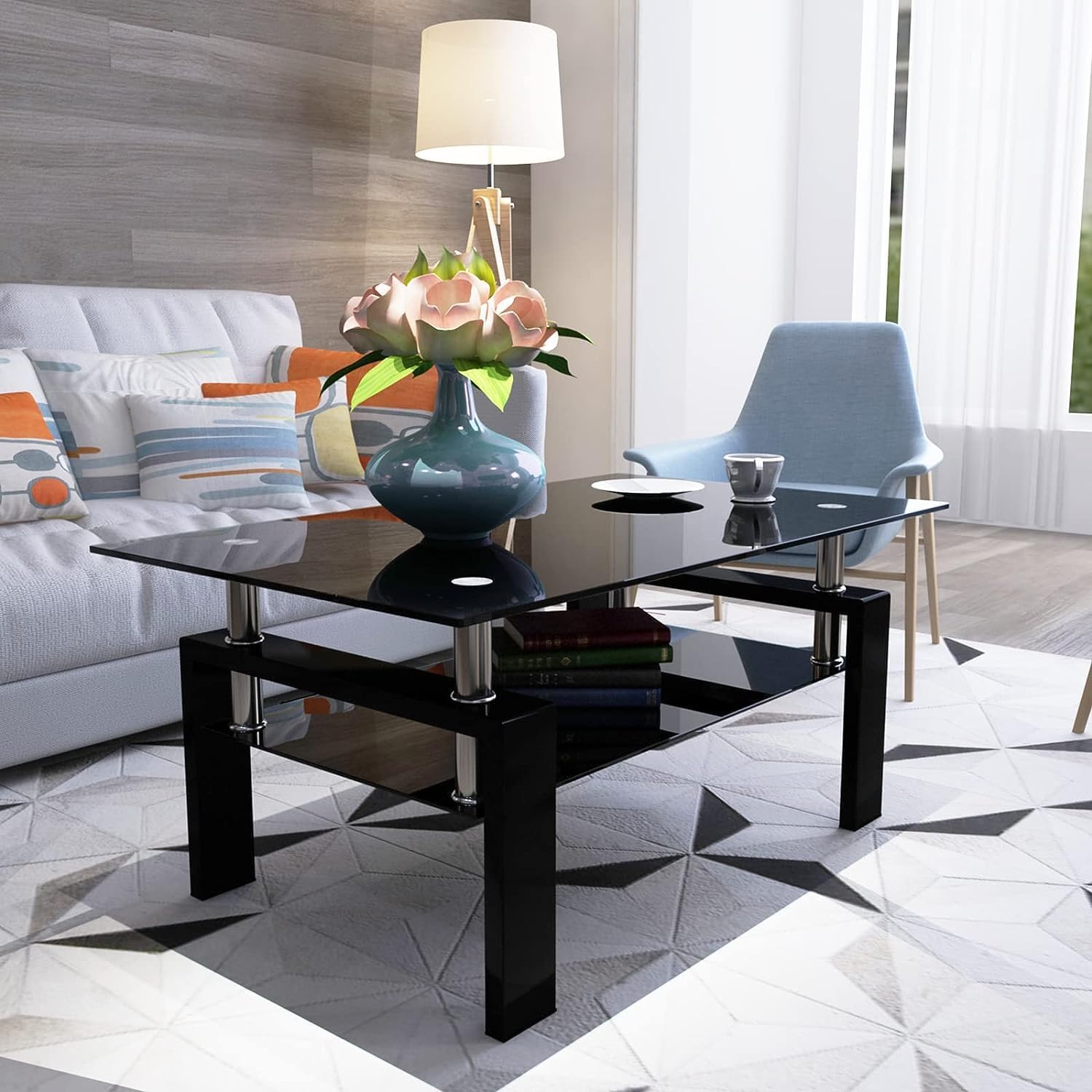 Living Room Tables Set,3 Piece Glass Coffee Table and End Tables Set with Tempered Glass Tabletop and Metal Frame for Living Room,Apartment, Small Space, Full Black